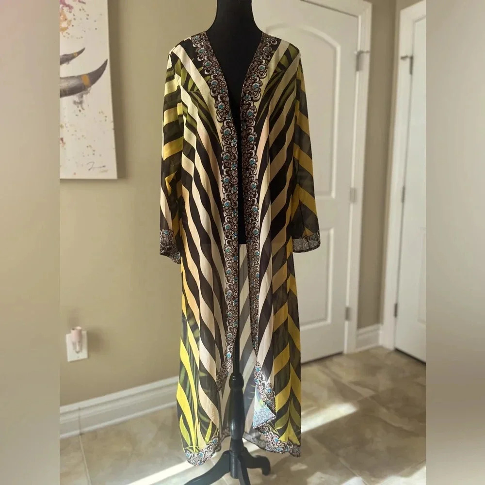 Ranee's beach cover up maxi dress kimono size O/S yellow multi